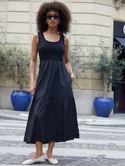 Threadbare Black Sleeveless 2-in-1 Jersey Poplin Mix Tiered Dress - Image 1 of 4