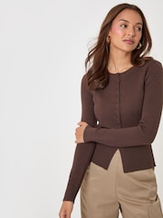 Threadbare Brown Crew Neck Structured Knitted Cardigan - Image 5 of 5