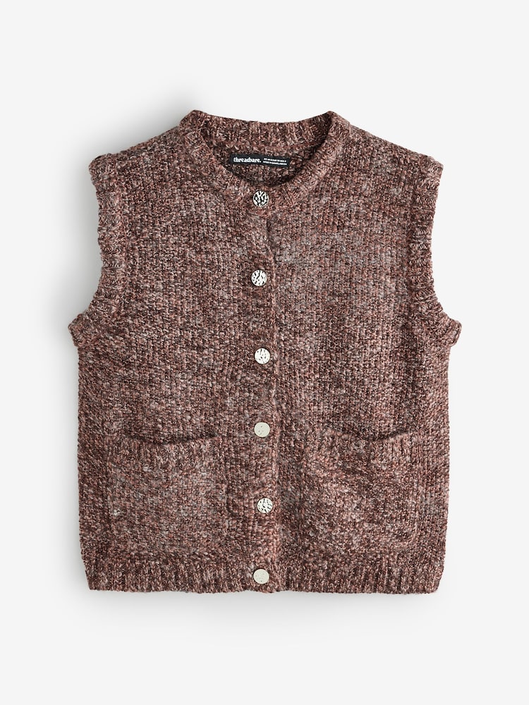 Threadbare Brown Moss Stitch Knitted Button Up Vest - Image 1 of 1