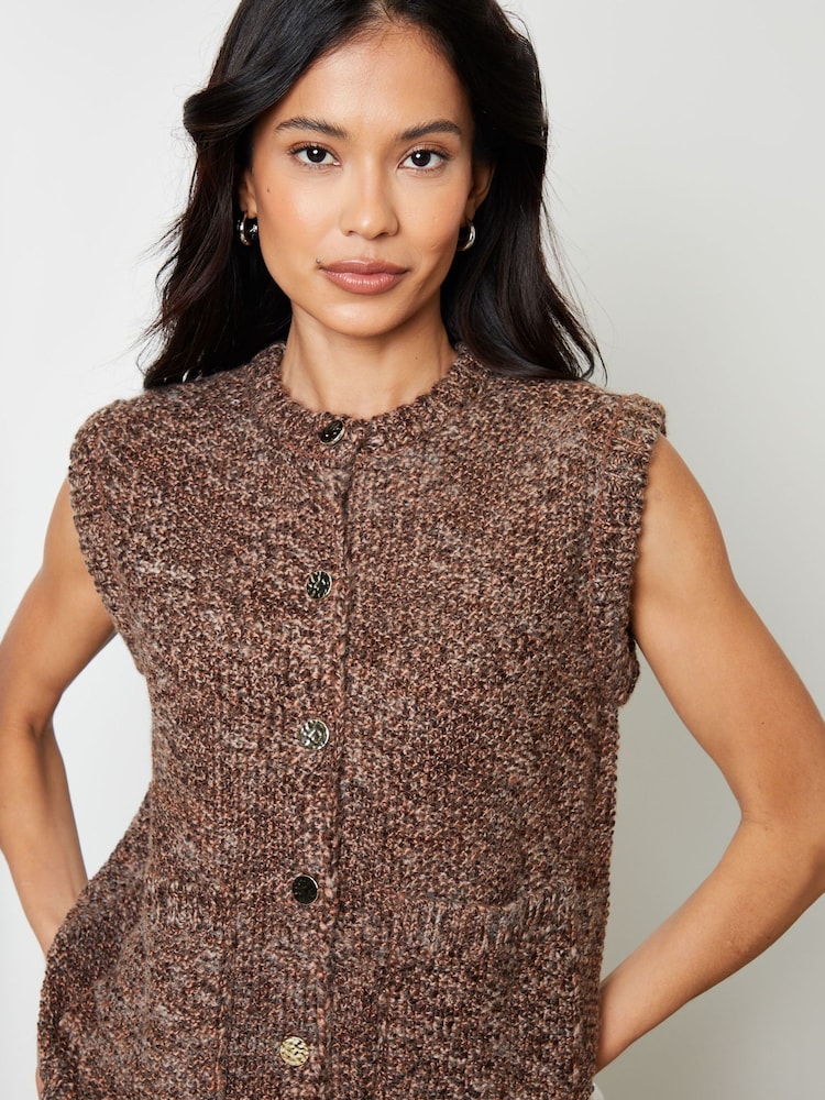 Threadbare Brown Moss Stitch Knitted Button Up Vest - Image 2 of 5