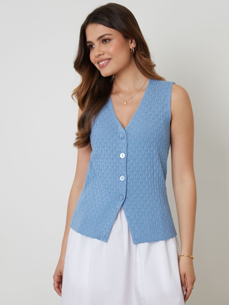Threadbare Blue Threadbare Pointelle Knit Button Up Waistcoat Vest - Image 1 of 5