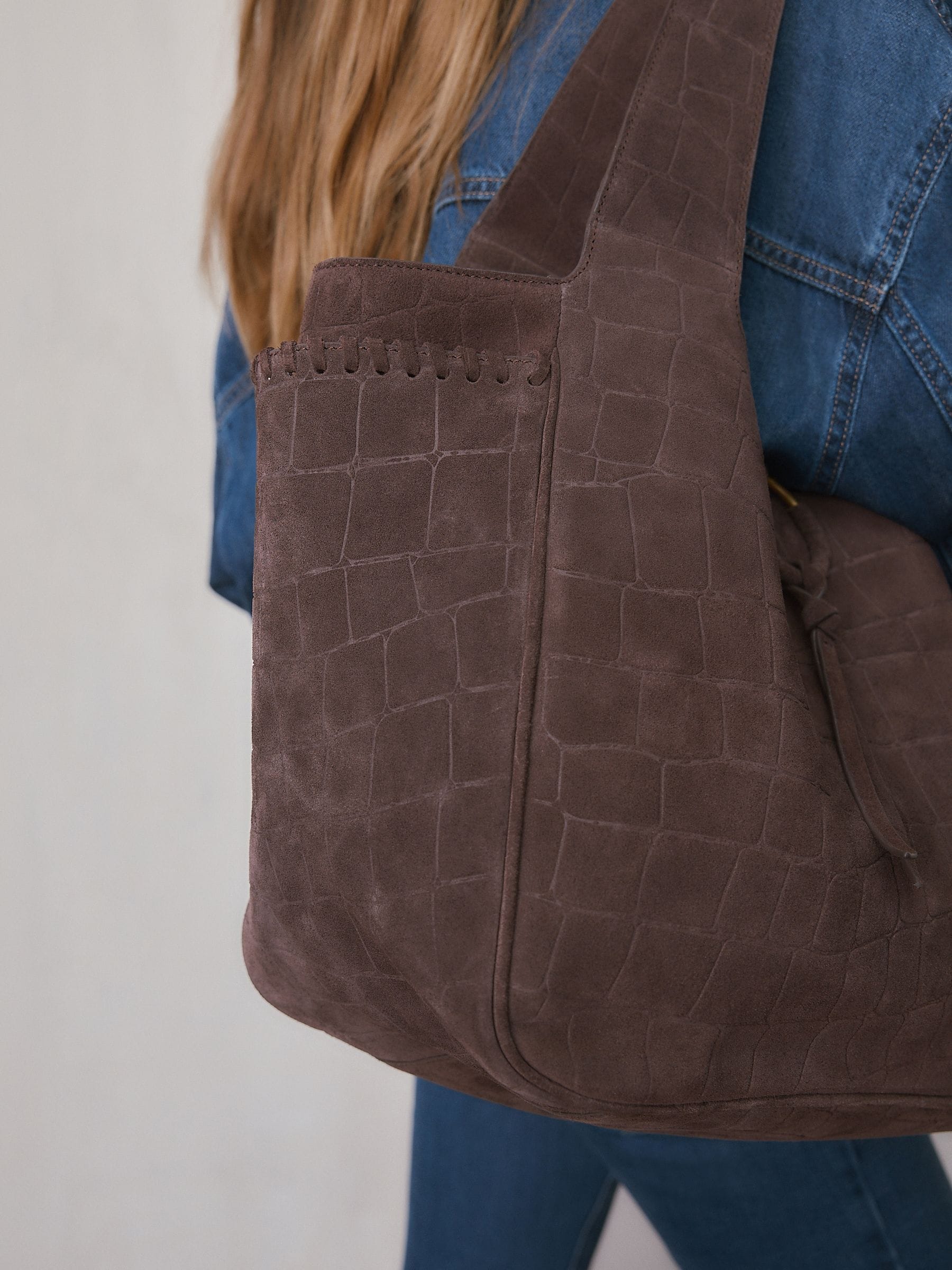 Buy Chocolate Brown N. Premium Suede Croc Effect Shoulder Bag from