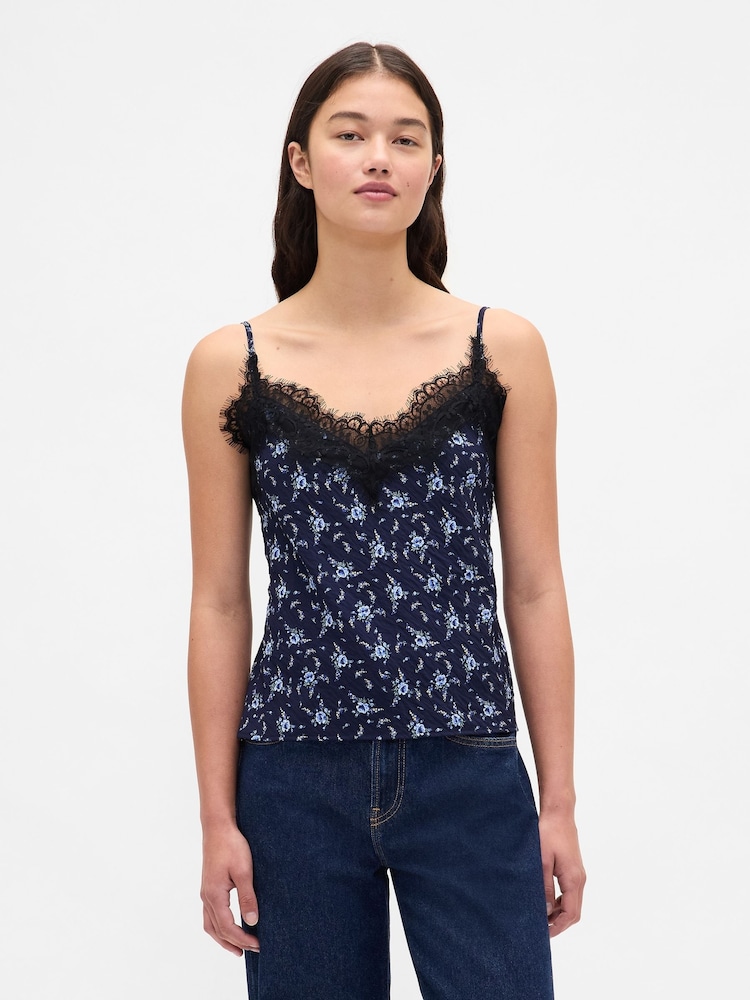 Gap Blue/Navy Floral Lace Trim Cami - Image 1 of 4