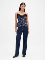 Gap Blue/Navy Floral Lace Trim Cami - Image 3 of 4
