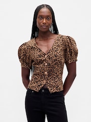 Gap Leopard Puff-Sleeve Seamed Top - Image 1 of 5