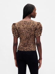 Gap Leopard Puff-Sleeve Seamed Top - Image 2 of 5