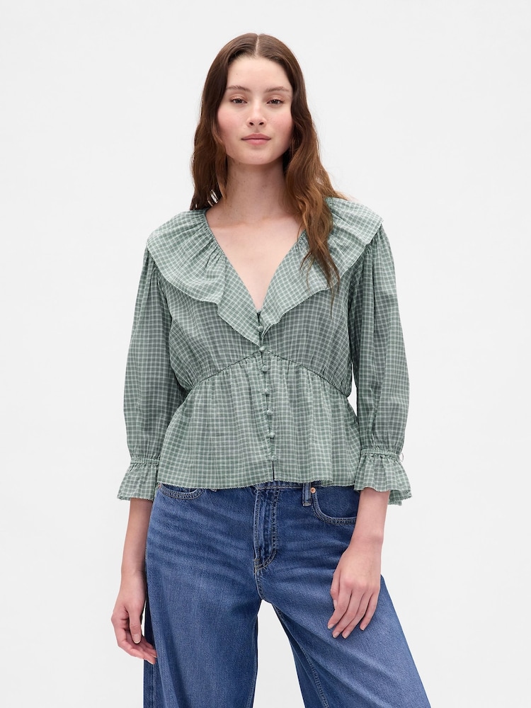 Gap Green Ruffle Collar V-Neck Top - Image 1 of 4