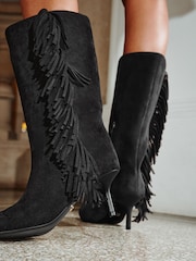Lipsy Black Faux Suede Fringe MidCalf Heeled Low Stiletto Smart Boots - Image 2 of 6