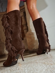Lipsy Brown Faux Suede Fringe MidCalf Heeled Low Stiletto Smart Boots - Image 3 of 5