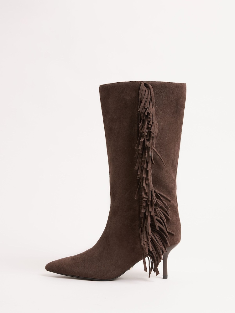 Lipsy Brown Faux Suede Fringe MidCalf Heeled Low Stiletto Smart Boots - Image 5 of 5