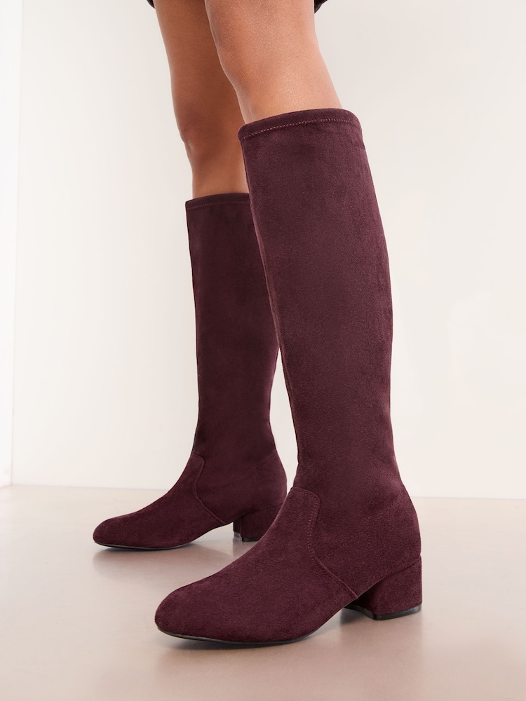 Friends Like These Burgundy Red Standard fit Low Block Heel Faux Suede Knee High Sock Boots - Image 1 of 4 Friends Like These Burgundy Red Standard fit Low Block Heel Faux Suede Knee High Sock Boots - Image 1 of 4
