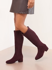 Friends Like These Burgundy Red Standard fit Low Block Heel Faux Suede Knee High Sock Boots - Image 3 of 4