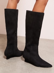 Friends Like These Black Faux Suede Low Wedge Formal Knee High Long Boots - Image 1 of 5