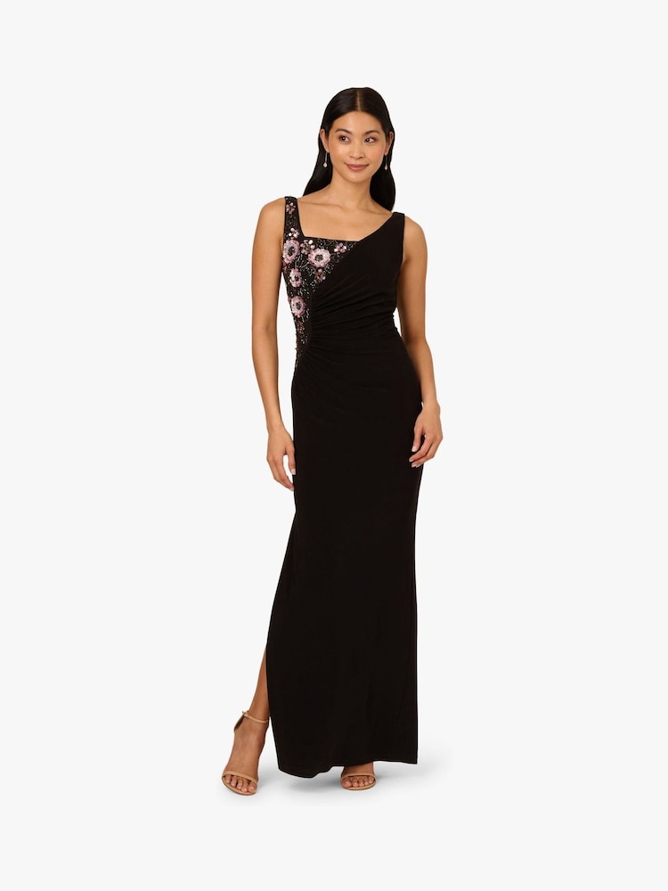 Adrianna Papell Bead Jersey Long Black Dress - Image 1 of 6