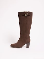 Friends Like These Chocolate Brown Standard fit Standard / Wide Fit Faux Suede Mid Heel Buckle Smart Knee High Boots - Image 5 of 5