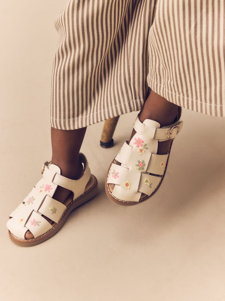 Neutral Embroidered Leather Fisherman Sandals - Image 1 of 8 Neutral Embroidered Leather Fisherman Sandals - Image 1 of 8