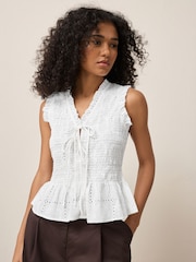 White Broderie Smocked Tie Front V-Neck Top - Image 1 of 7
