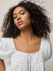 White/Blue Puff Sleeve Short Sleeve Top - Image 4 of 7