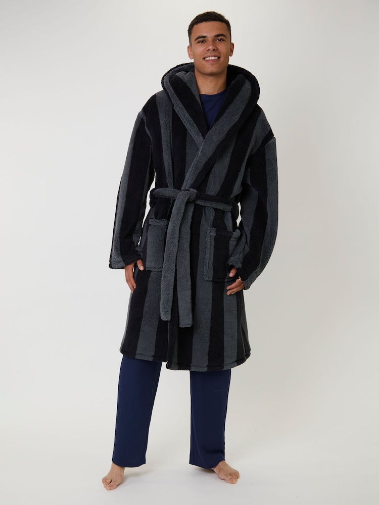 Loungeable Grey Stripe Sherpa Hooded Dressing Gown - Image 1 of 5 Loungeable Grey Stripe Sherpa Hooded Dressing Gown - Image 1 of 5