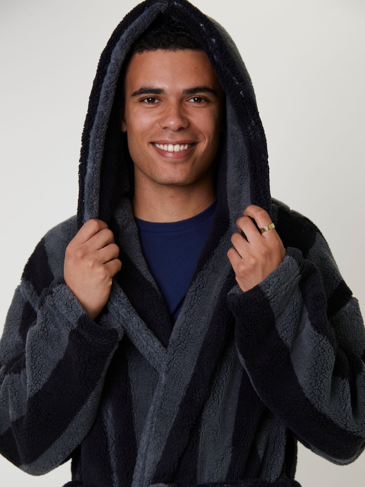 Loungeable Grey Stripe Sherpa Hooded Dressing Gown - Image 2 of 5 Loungeable Grey Stripe Sherpa Hooded Dressing Gown - Image 2 of 5