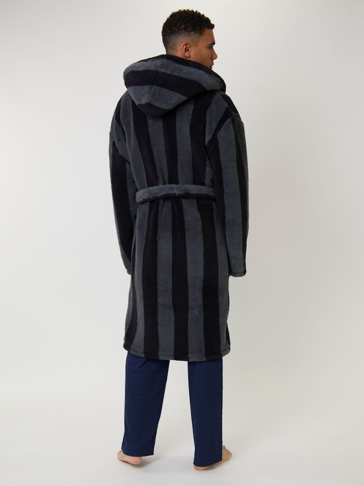 Loungeable Grey Stripe Sherpa Hooded Dressing Gown - Image 5 of 5 Loungeable Grey Stripe Sherpa Hooded Dressing Gown - Image 5 of 5