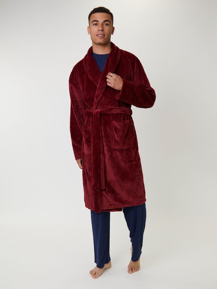 Loungeable Red Waffle Cut Fleece Shawl Collar Dressing Gown - Image 1 of 5 Loungeable Red Waffle Cut Fleece Shawl Collar Dressing Gown - Image 1 of 5