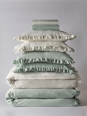 The Set 2 Pack Green/White Microfibre Frill Duvet Cover and Pillowcase Set with Fitted Sheets - Image 1 of 4