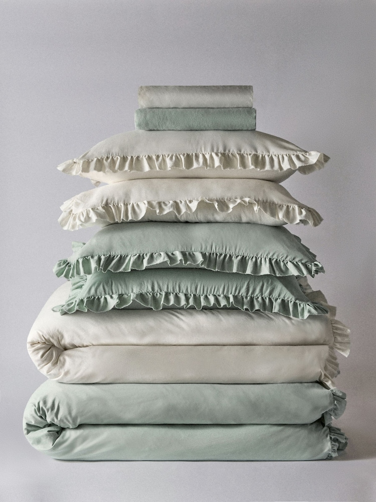 The Set 2 Pack Green/White Microfibre Frill Duvet Cover and Pillowcase Set with Fitted Sheets - Image 1 of 4