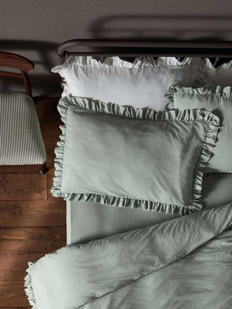 The Set 2 Pack Green/White Microfibre Frill Duvet Cover and Pillowcase Set with Fitted Sheets - Image 2 of 4