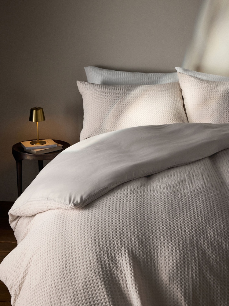 The Set 2 Pack White Natural Waffle Duvet Cover and Pillowcase Set with Fitted Sheets - Image 2 of 6