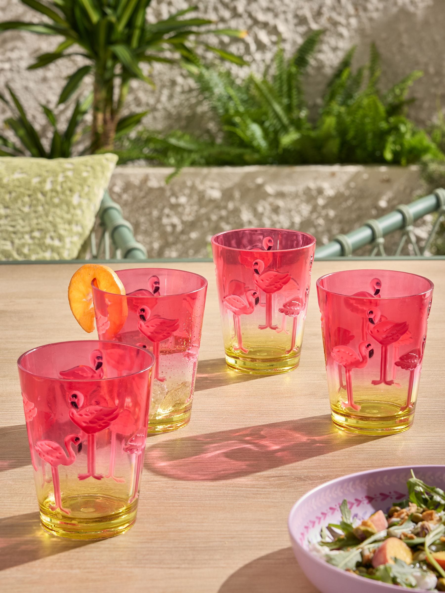 Set of 4 Pink/Yellow Flamingo Picnic Acrylic Tumblers