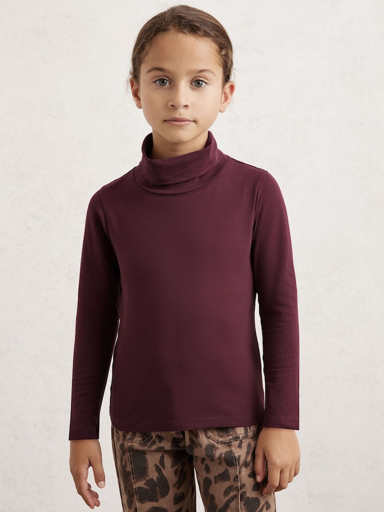 Reiss Burgundy Carey Cotton-Jersey Roll-Neck Top with Stretch - Image 1 of 4 Reiss Burgundy Carey Cotton-Jersey Roll-Neck Top with Stretch - Image 1 of 4