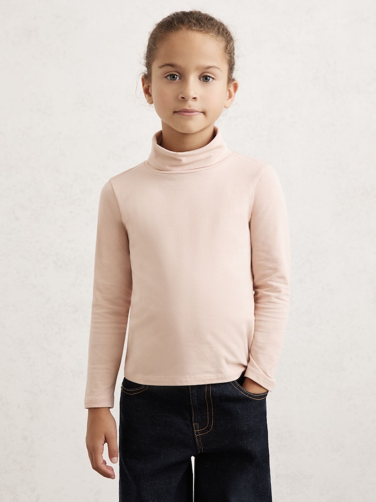 Reiss Rose Pink Carey Cotton-Jersey Roll-Neck Top with Stretch - Image 1 of 4