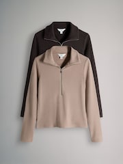 The Set 2 Pack Soft Rib Funnel Neck Quater Zip Long Sleeve Jumper Chocolate Brown/Oat Marl - Image 1 of 5