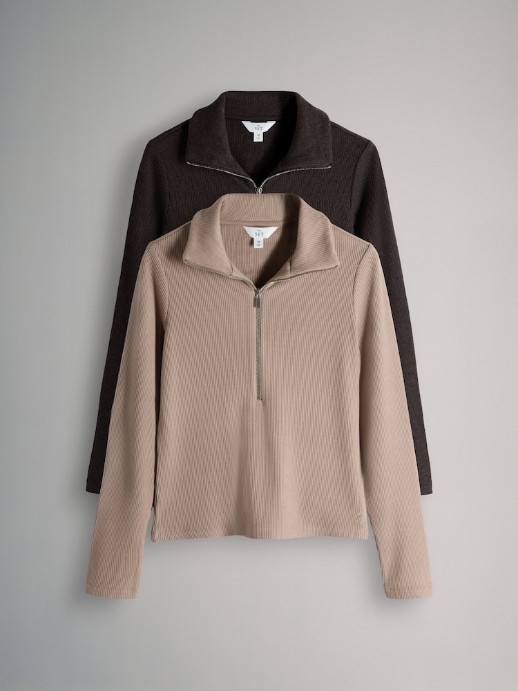The Set 2 Pack Soft Rib Funnel Neck Quater Zip Long Sleeve Jumper Chocolate Brown/Oat Marl - Image 1 of 5