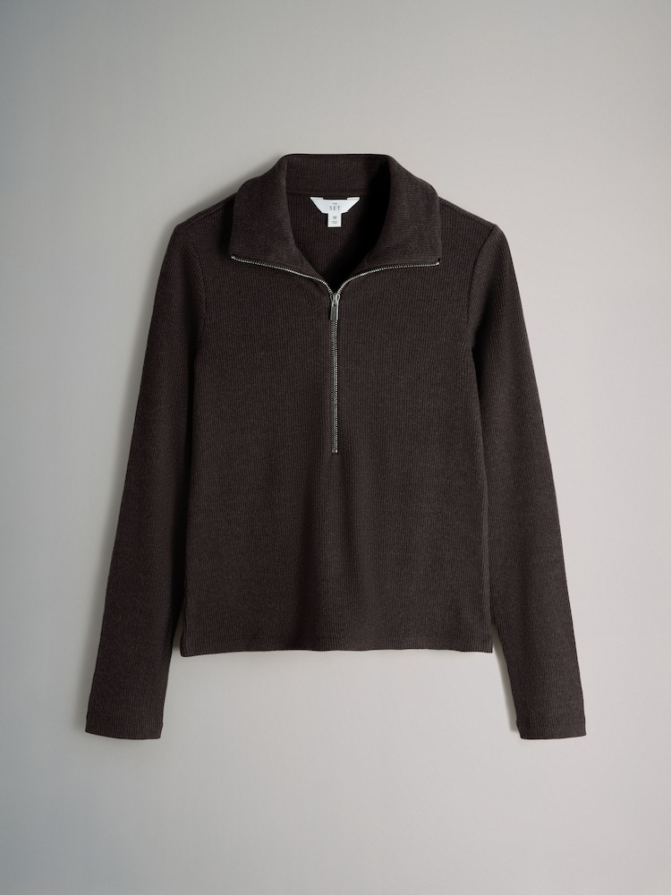 The Set 2 Pack Soft Rib Funnel Neck Quater Zip Long Sleeve Jumper Chocolate Brown/Oat Marl - Image 2 of 5