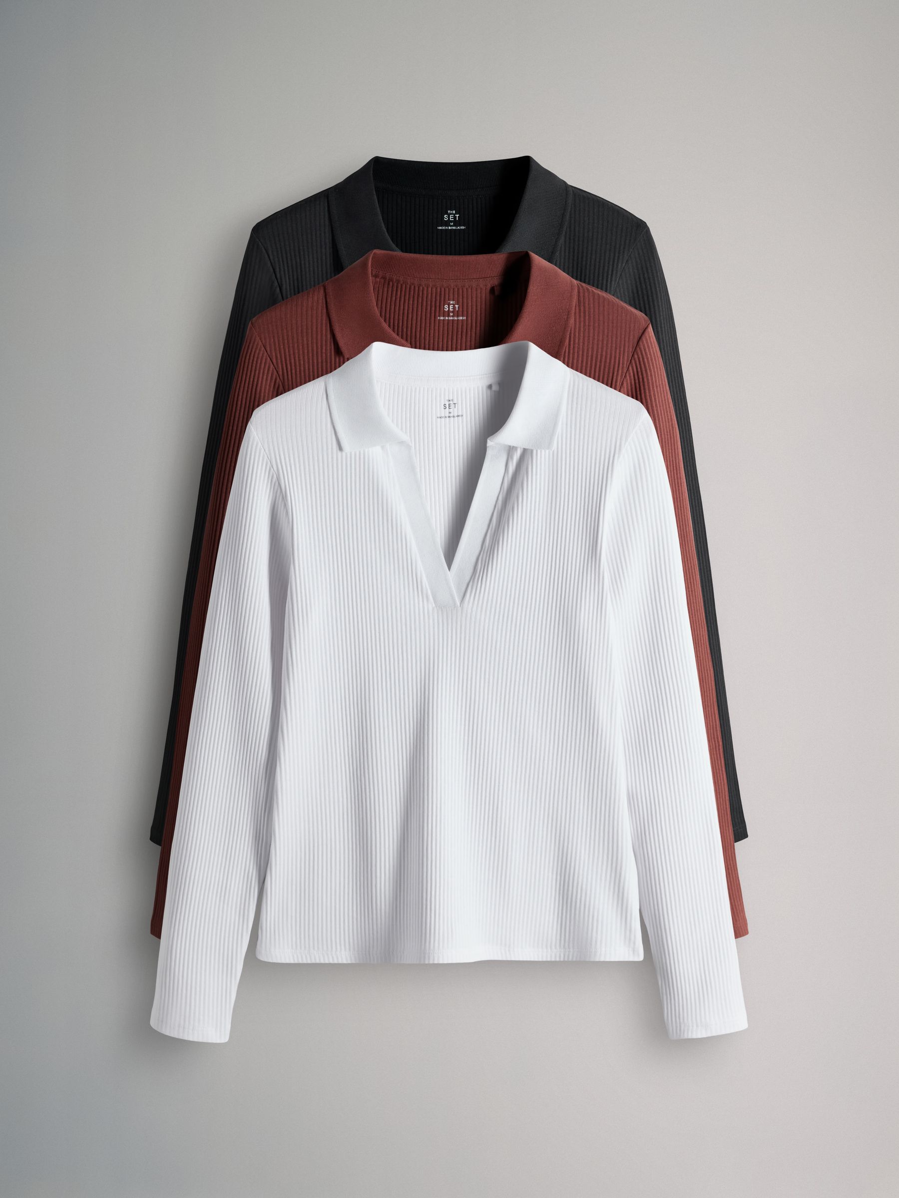 Buy The Set 3 Pack Long Sleeve Ribbed Polo Top Black/Pink/White
