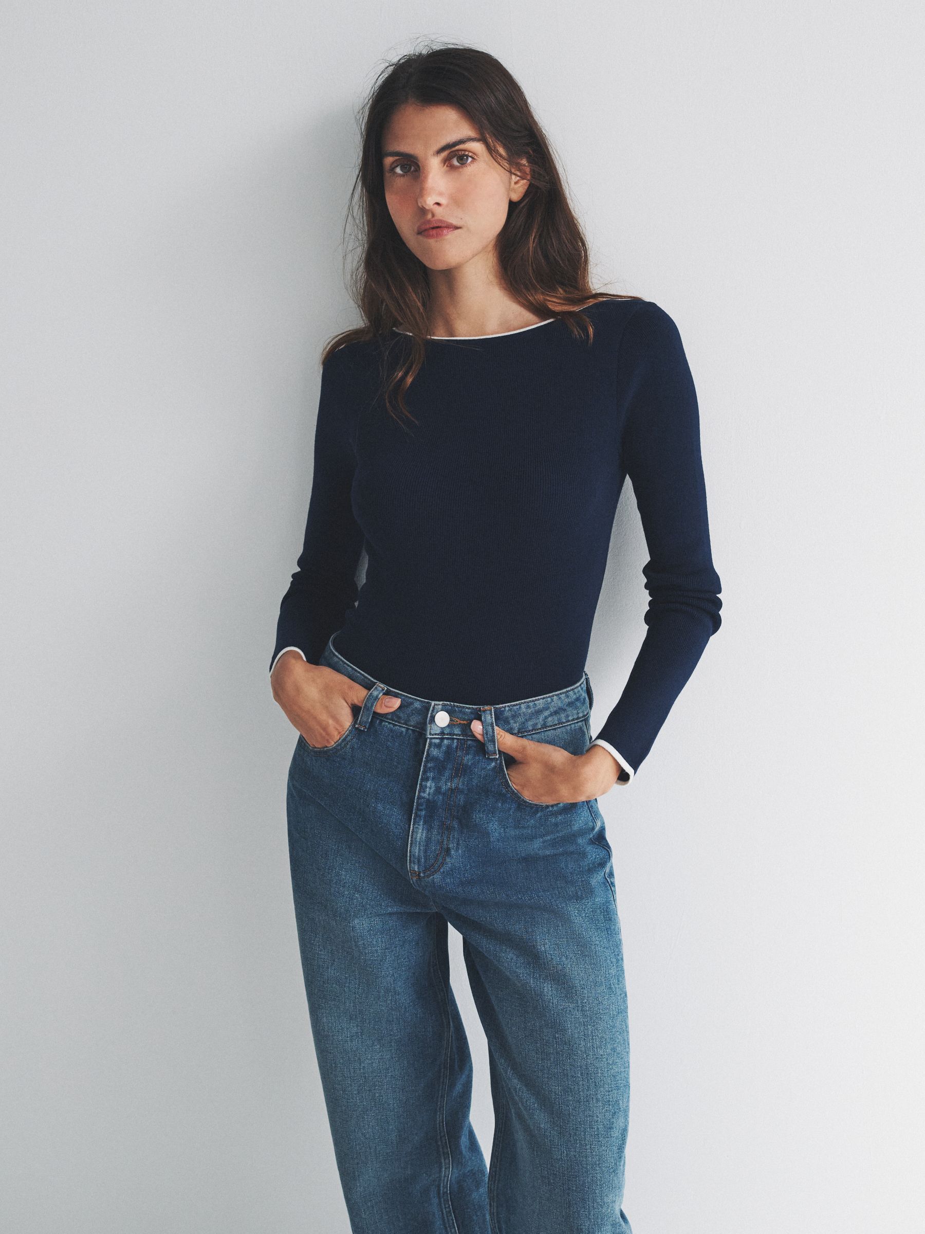 Buy The Set 2 Pack Knitted Tipped Scoop Back Tops Ecru/Navy Blue Buy The Set 2 Pack Knitted Tipped Scoop Back Tops Ecru/Navy Blue