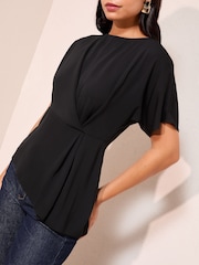 Schwarz - Friends Like These Pleated Waist Detail Short Sleeve Blouse - Bild 2 von 4