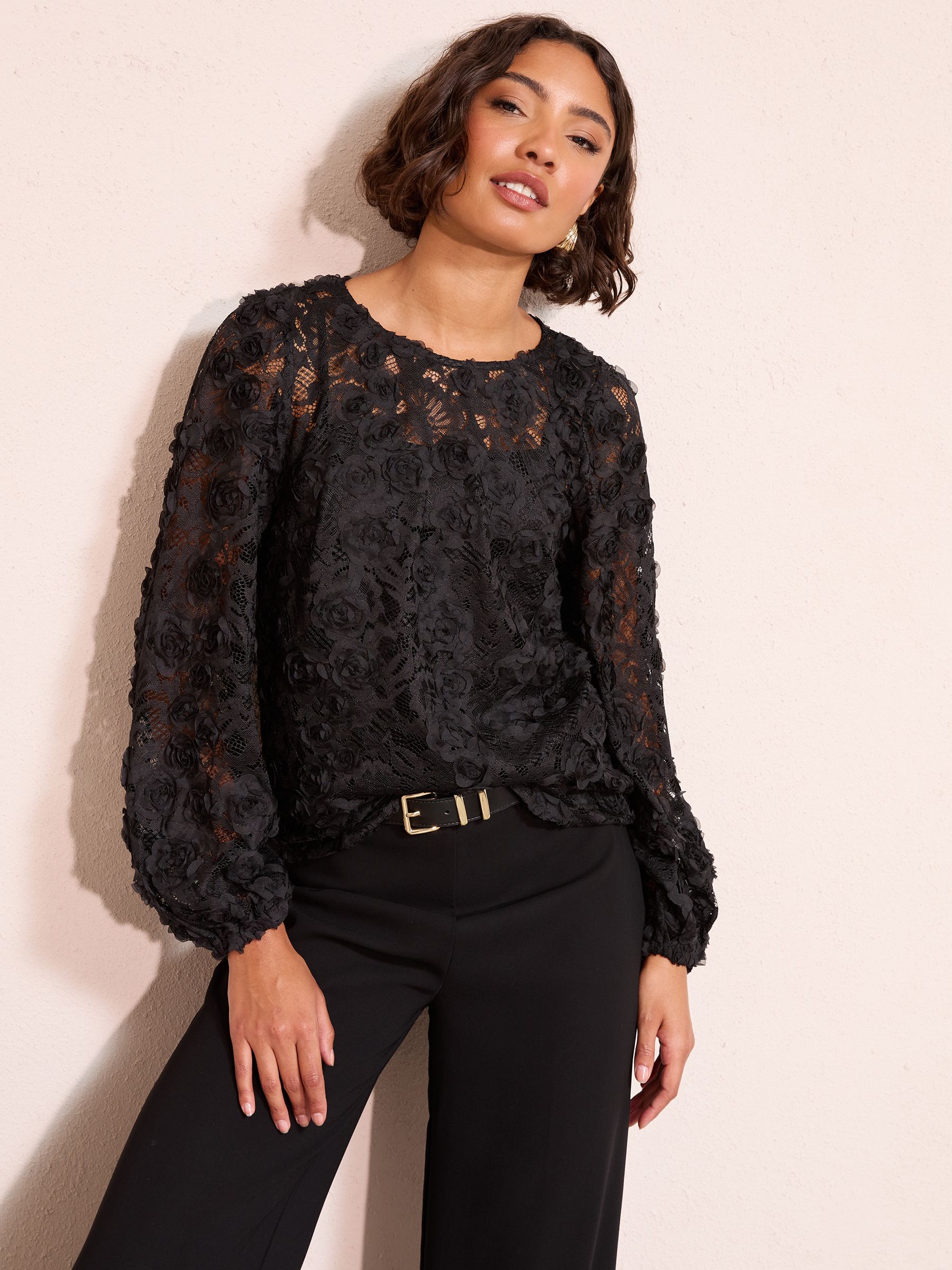 Buy Friends Like These Black Long Sleeve 3D Floral Lace Blouse