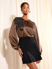 Friends Like These Chocolate Brown Long Sleeve Satin Embellished Detail Blouse - Image 1 of 4
