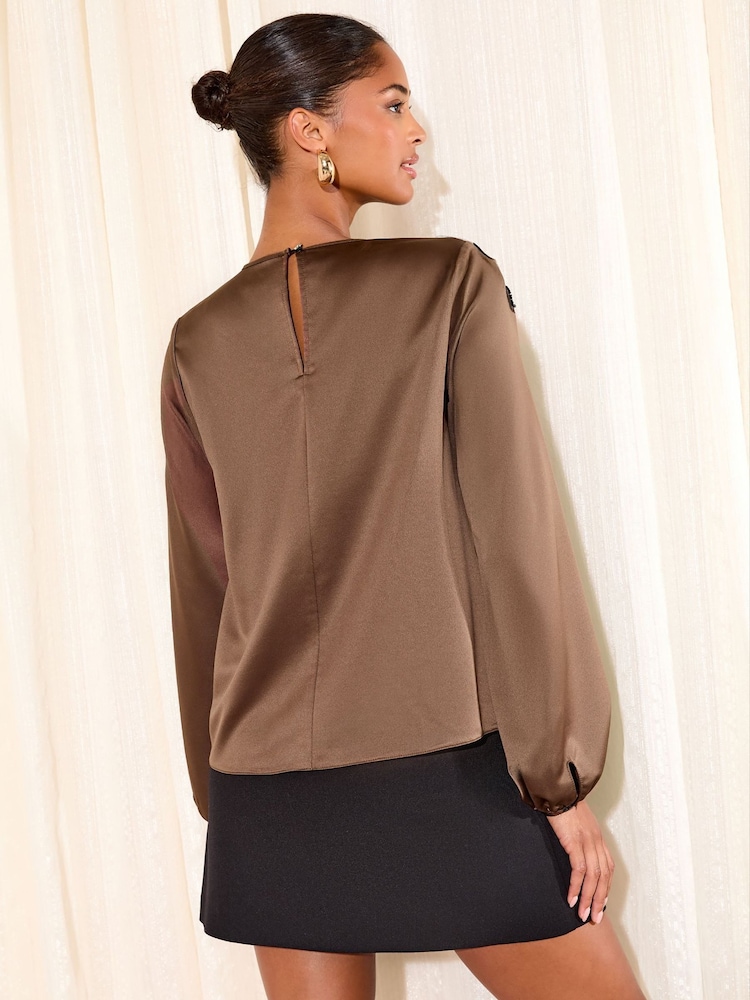Friends Like These Chocolate Brown Long Sleeve Satin Embellished Detail Blouse - Image 4 of 4 Friends Like These Chocolate Brown Long Sleeve Satin Embellished Detail Blouse - Image 4 of 4