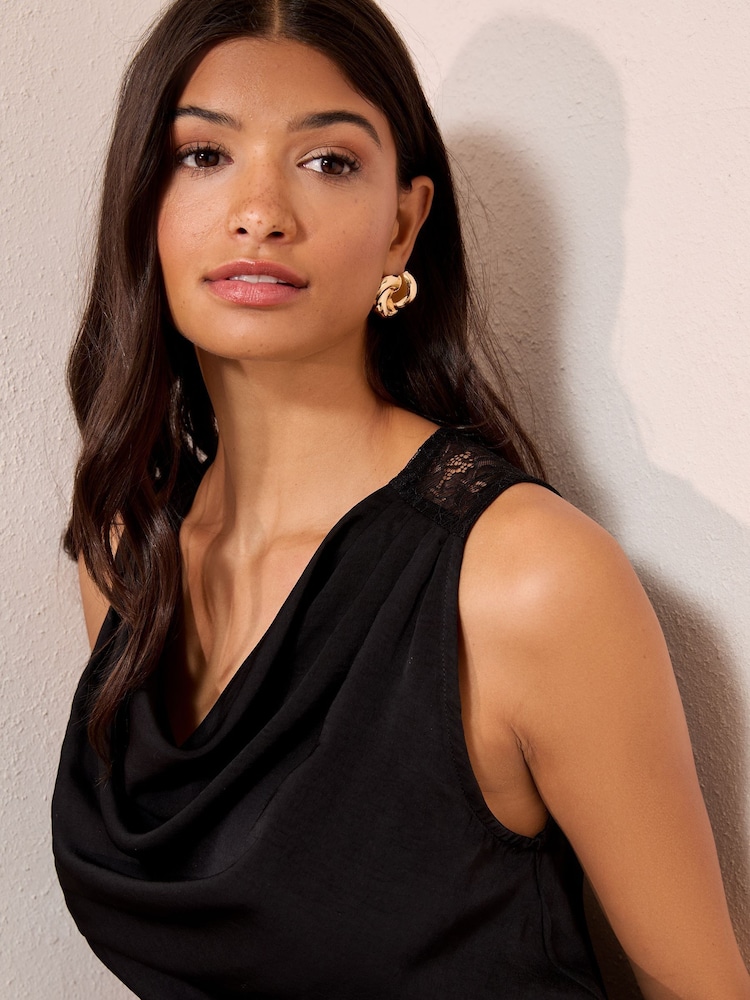 Friends Like These Black Satin Cowl Neck Lace Back Vest - Image 2 of 5 Friends Like These Black Satin Cowl Neck Lace Back Vest - Image 2 of 5