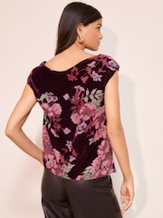 Friends Like These Red Floral Devore Assymetric Short Sleeve Blouse - Image 5 of 5