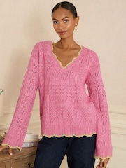 Love & Roses Pink Lurex Scallop Pointelle V-Neck Jumper - Image 1 of 4