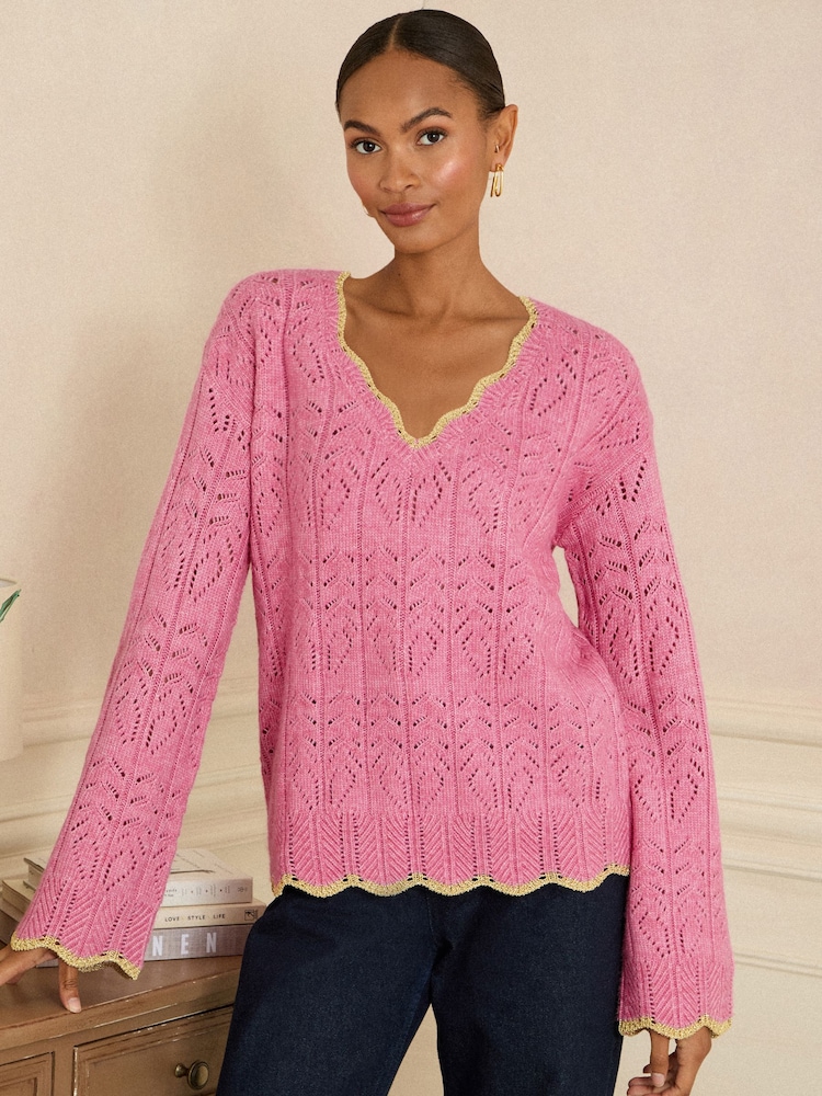 Love & Roses Pink Lurex Scallop Pointelle V-Neck Jumper - Image 1 of 4 Love & Roses Pink Lurex Scallop Pointelle V-Neck Jumper - Image 1 of 4