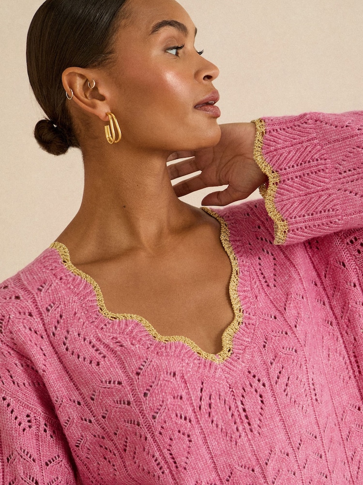 Love & Roses Pink Lurex Scallop Pointelle V-Neck Jumper - Image 2 of 4 Love & Roses Pink Lurex Scallop Pointelle V-Neck Jumper - Image 2 of 4