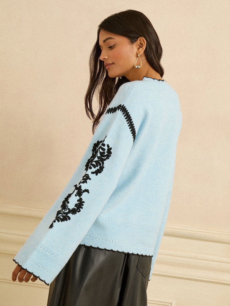 Love & Roses Pale Blue Embroidered Sleeve Knit Jumper - Image 4 of 4 Love & Roses Pale Blue Embroidered Sleeve Knit Jumper - Image 4 of 4