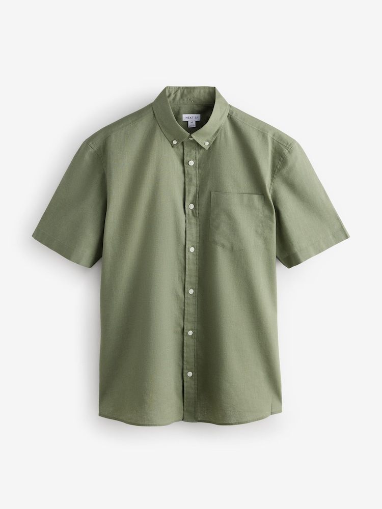 Khaki Green Plain Linen Short Sleeve Shirt - Image 1 of 1