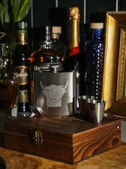 Selbrae House Brown silver Highland Cow Hip Flask & Cup Set - Image 1 of 4